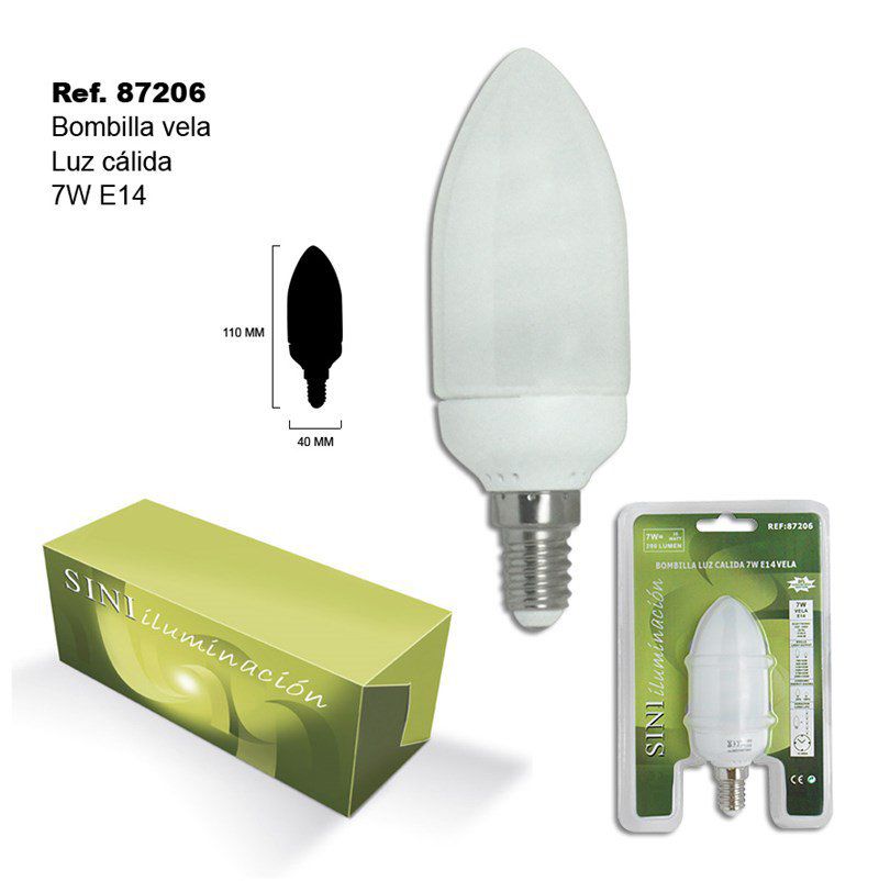 TB1394 Warm light bulb, 7W, E14 base, candle style.