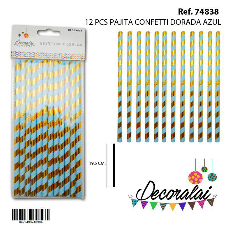 TB1945 12 PCS PAJITA CONFETTI DORADA AZUL