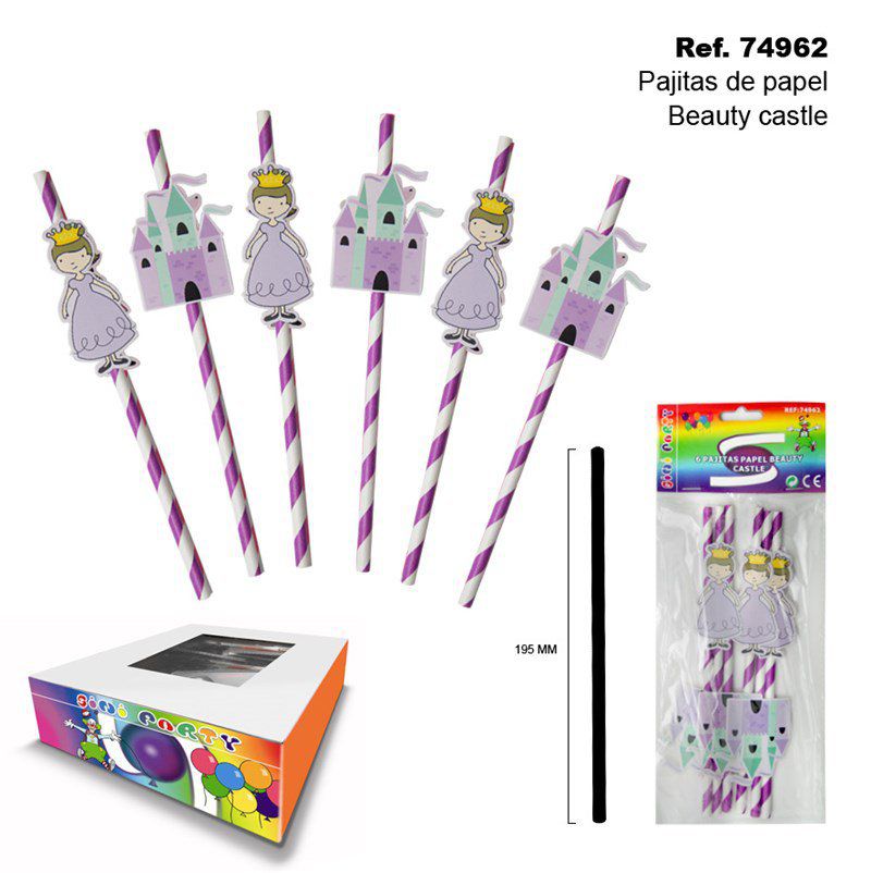 TB1990 Set of 6 paper straws with a beautiful castle theme.