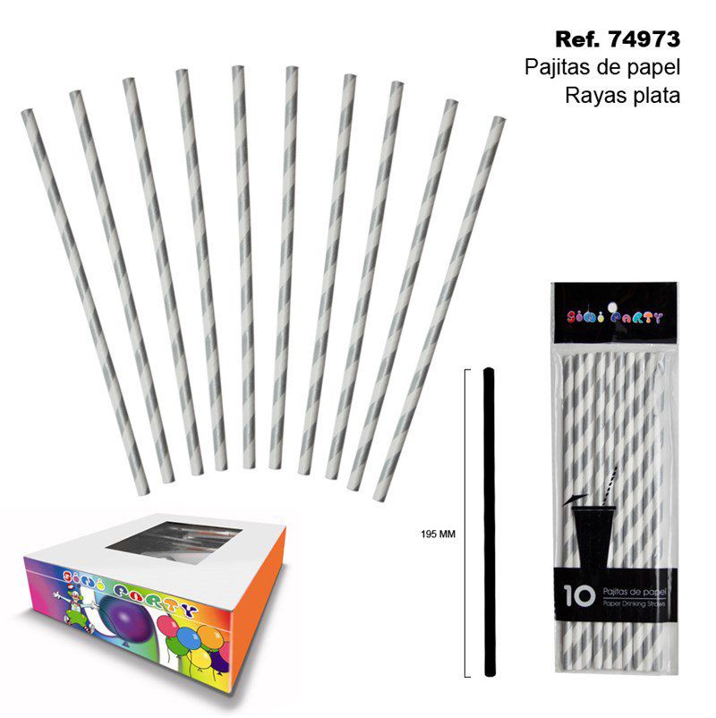 TB2001 Set of 10 silver striped paper straws.