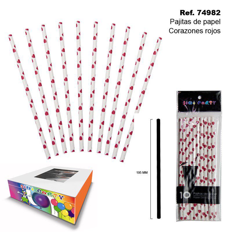 TB2010 Set of 10 red heart paper straws.