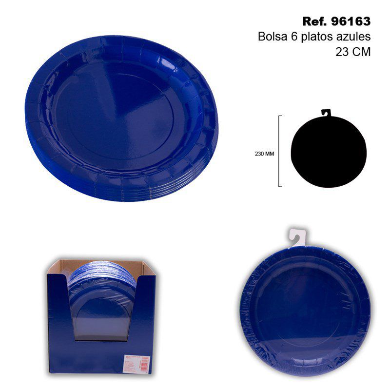 TB2414 Set of 6 disposable plates. Diameter: 23 cm. Color: Blue. Designed for parties.