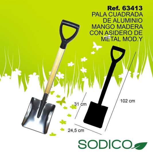 TB1195 Square Aluminum Shovel with Wooden Handle and Metal Accessory (Model: MOD.Y)