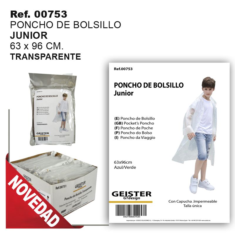 TB1210 TRANSPARENT JUNIOR POCKET PONCHO 63X96CM