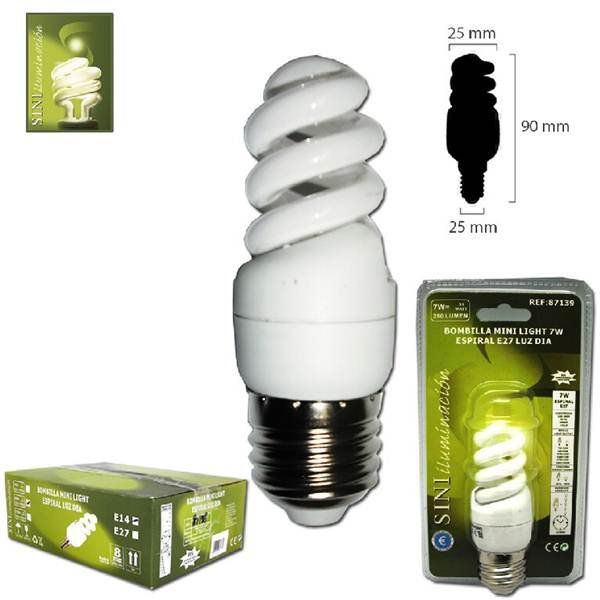 TB1390 Mini Light Bulb, 7W, Spiral, E27 Base, Day Light.