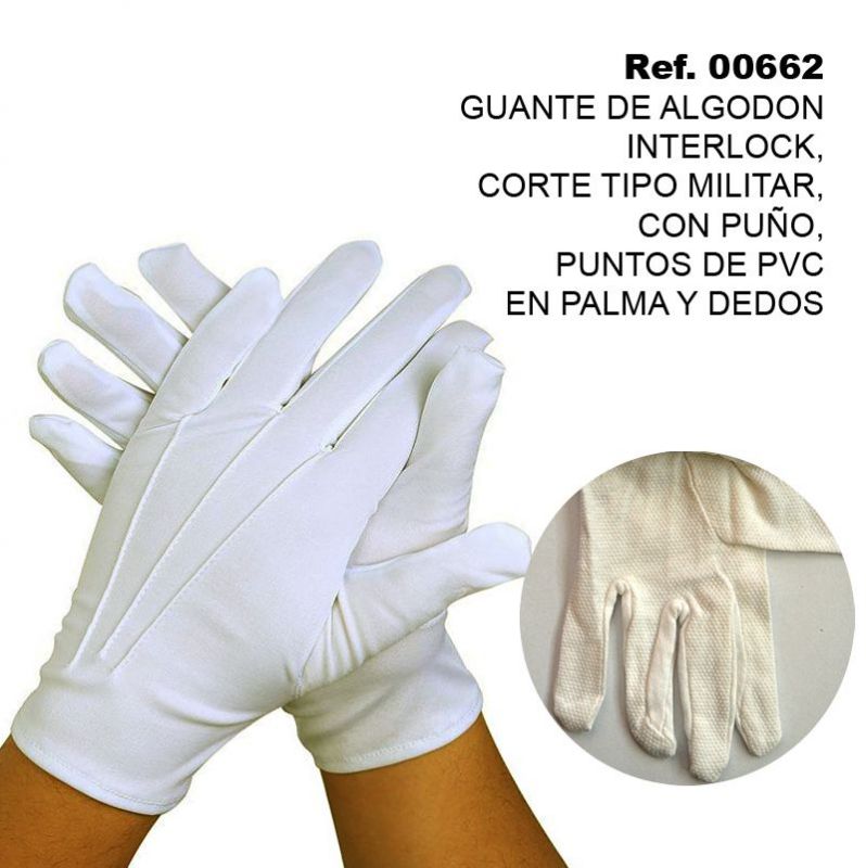 TB1453 Interlock Cotton Glove, Military Style Cut, With Cuff, PVC dots on Palm and Finger Length.