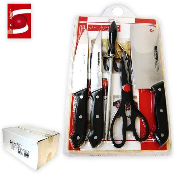 TB1648 A 6-piece set from Couper, consisting of 4 knives, 1 pair of scissors, and 1 wooden cutting board.