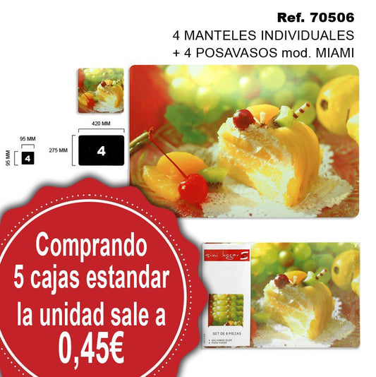 TB1656 4 individual tablecloths with 4 matching coasters, Model Miami.