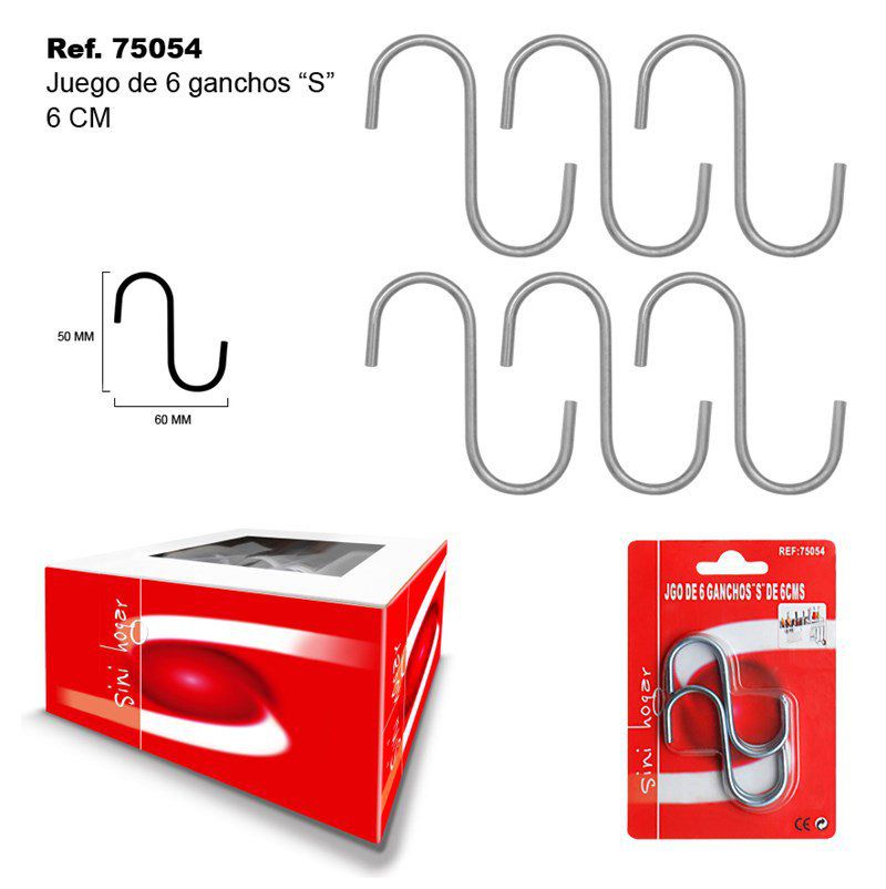TB1768 Set of 6 "S" Hooks, 6 CM.