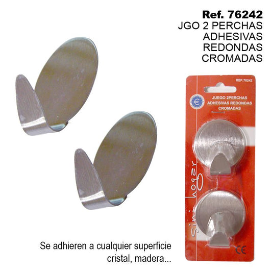 TB1803 Set of 2 Round Chrome Adhesive Hooks. Perfect for organizing clothes or small items using adhesive hooks.