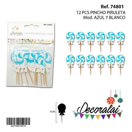 TB1923 12 PCS BLUE AND WHITE LOLLIPOP PICKS