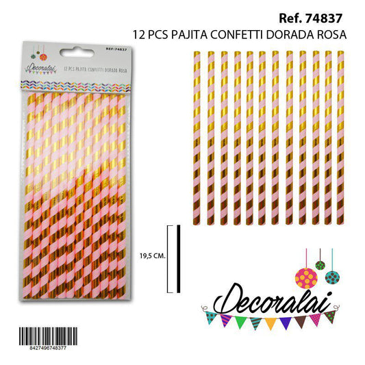 TB1944 12 PCS GOLD PINK CONFETTI STRAW