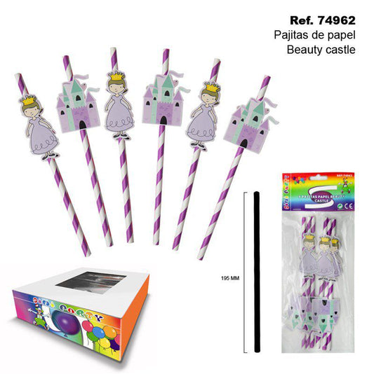 TB1990 Set of 6 paper straws with a beautiful castle theme.