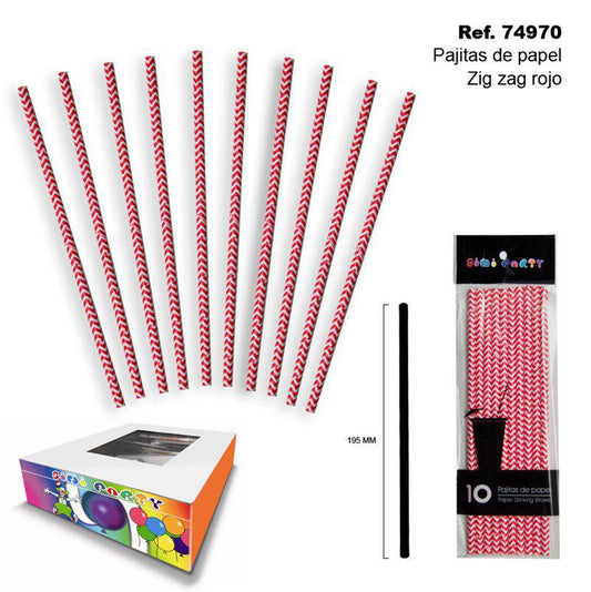 TB1998 Set of 10 Red Zigzag Paper Straws