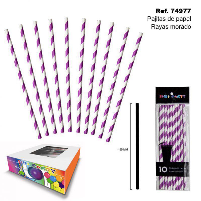 TB2005 Set of 10 purple striped paper straws.
