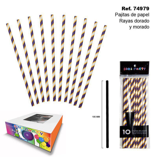 TB2007 Set of 10 Gold/Purple Striped Paper Straws