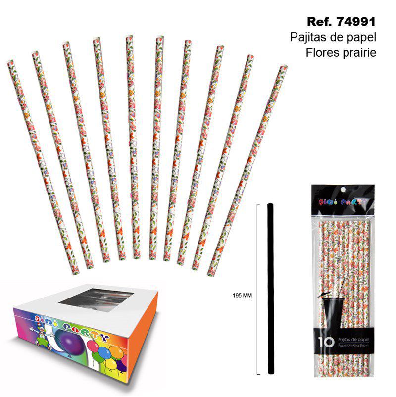 TB2019 A set of 10 paper straws decorated with prairie flowers.