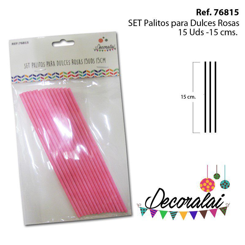 TB2027 Pink Candy Sticks Set: 15 Units, 15 cm. Ideal for decoration and sweets.