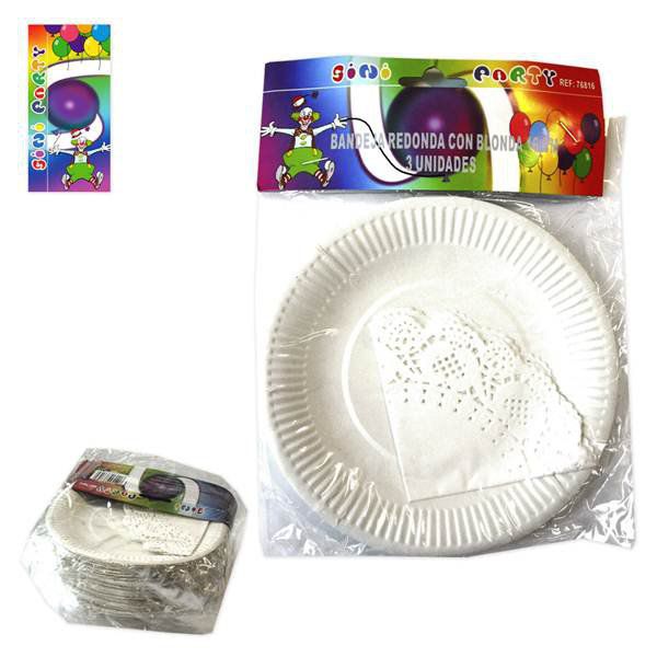TB2029 Round tray with white lace, 21 cm, 3 units.