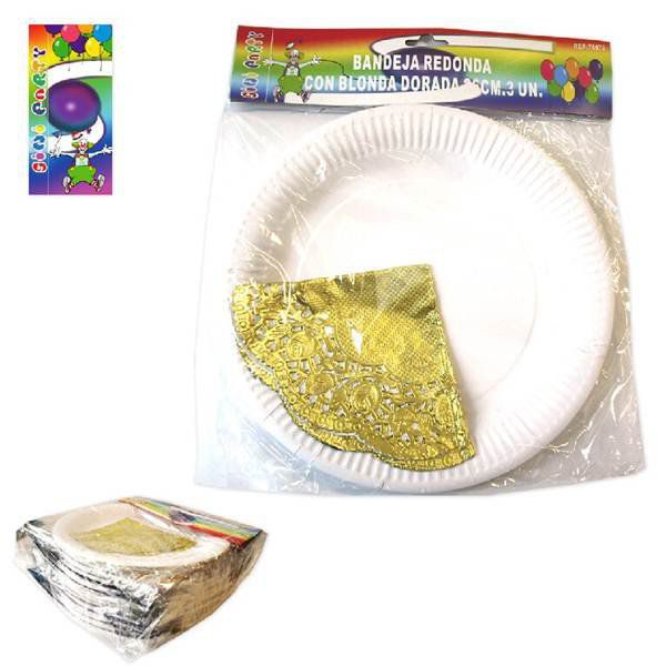 TB2070 A set of three round decorative trays with golden trim, measuring 26 cm in diameter.