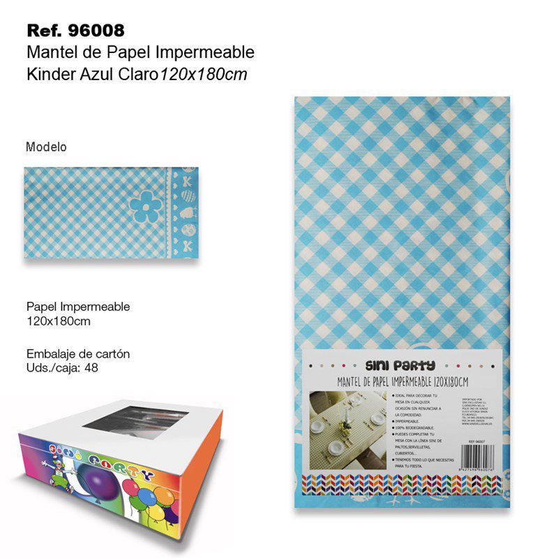 TB2335 Waterproof paper tablecloth, perfect for parties. The tablecloth measures 120x180cm and features a light blue Kinder pattern.