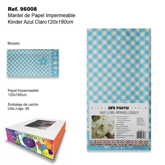 TB2335 Waterproof paper tablecloth, perfect for parties. The tablecloth measures 120x180cm and features a light blue Kinder pattern.