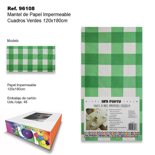 TB2372 Waterproof paper tablecloth, 120x180cm, featuring a green squares pattern.