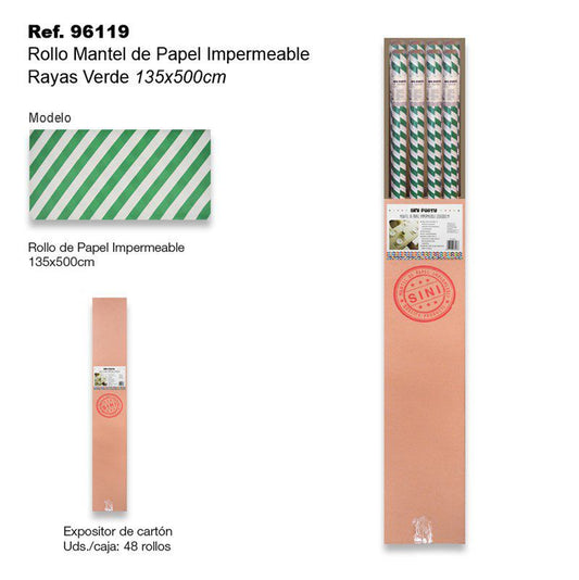 TB2382 Waterproof paper tablecloth roll with a pattern, measuring 135x500cm, featuring green stripes.