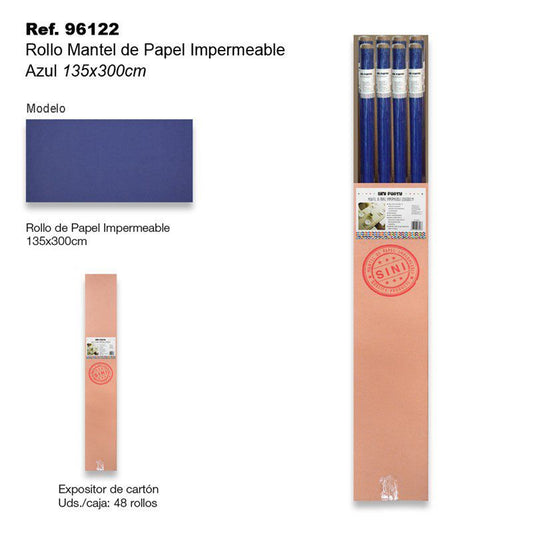 TB2385 Waterproof Paper Tablecloth Roll (135x300cm, Blue). This item is designed to cover tables during parties or events, providing a durable and impermeable surface.