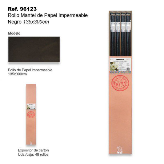TB2386 Waterproof paper tablecloth roll, measuring 135x300cm, in black color.