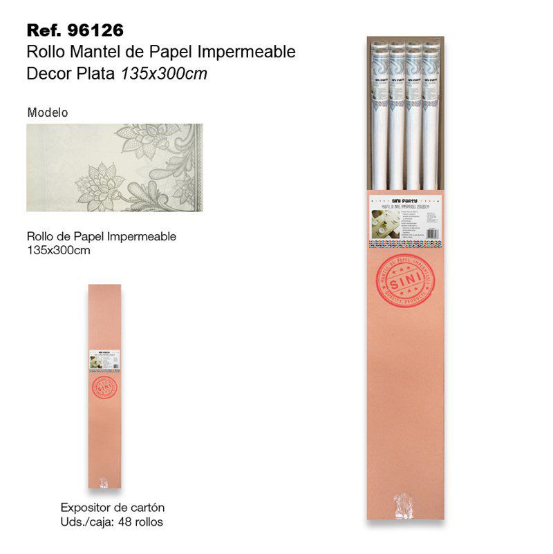 TB2389 Waterproof Paper Tablecloth Roll (135x300cm) Silver Decor.
