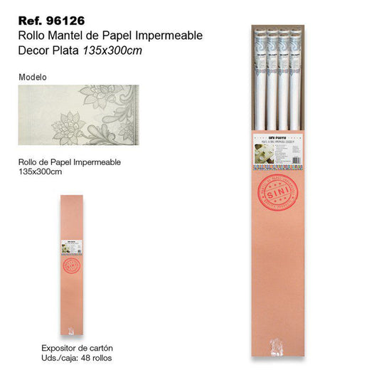 TB2389 Waterproof Paper Tablecloth Roll (135x300cm) Silver Decor.