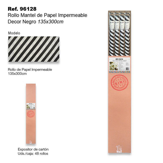 TB2391 Waterproof Paper Tablecloth Roll, 135x300cm, Black Stripes