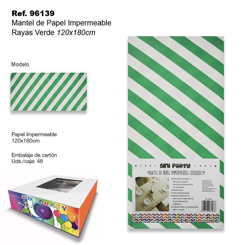 TB2402 Waterproof paper tablecloth with green stripes, measuring 120x180cm.