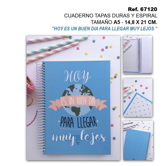TB2517 A5 Notebook with Hard Covers and Spiral Binding, measuring 14.8 x 21 cm, featuring the quote: "Today is a good day to go far."